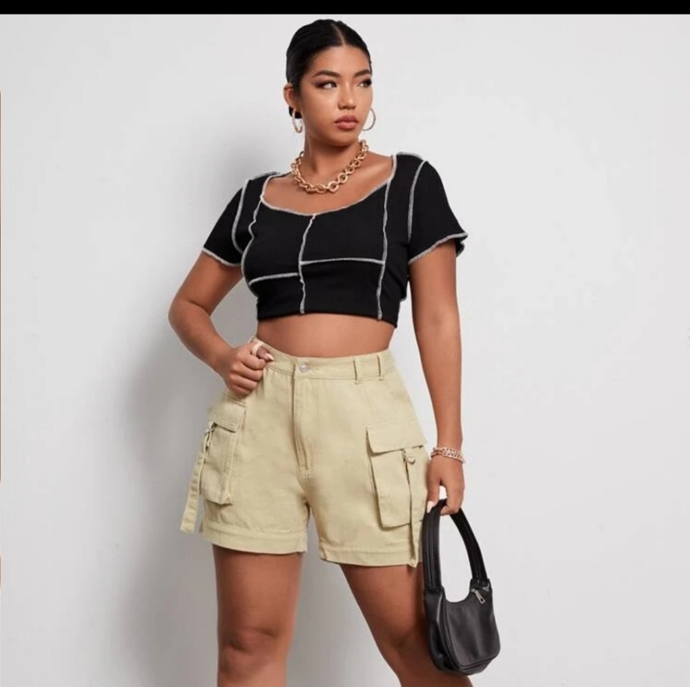 Shein Khaki Flap Pocket Straight Leg Denim Shorts